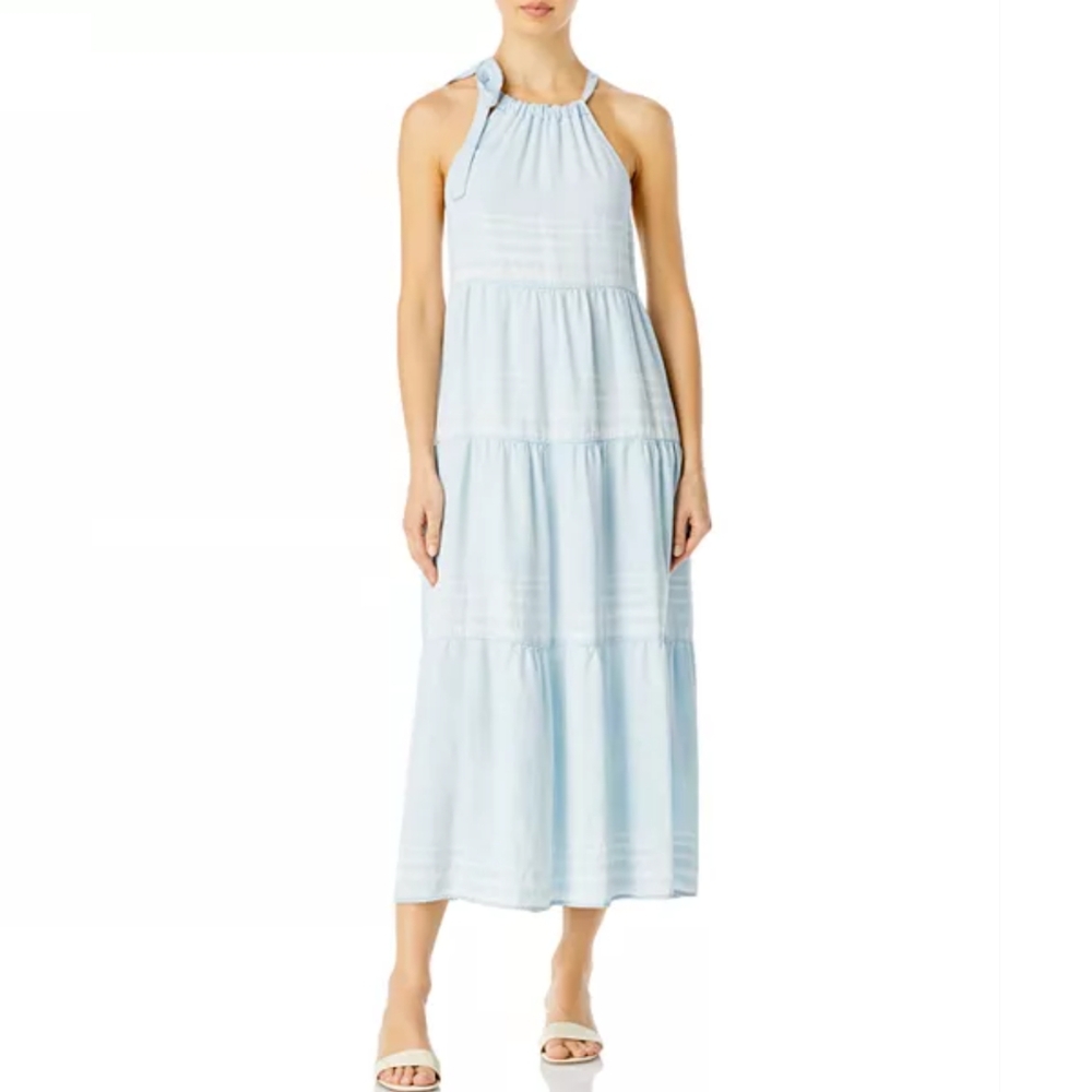 👗 Bella Dahl Tie Neck Tiered Midi Dress | Size M | Light Blue | EUC